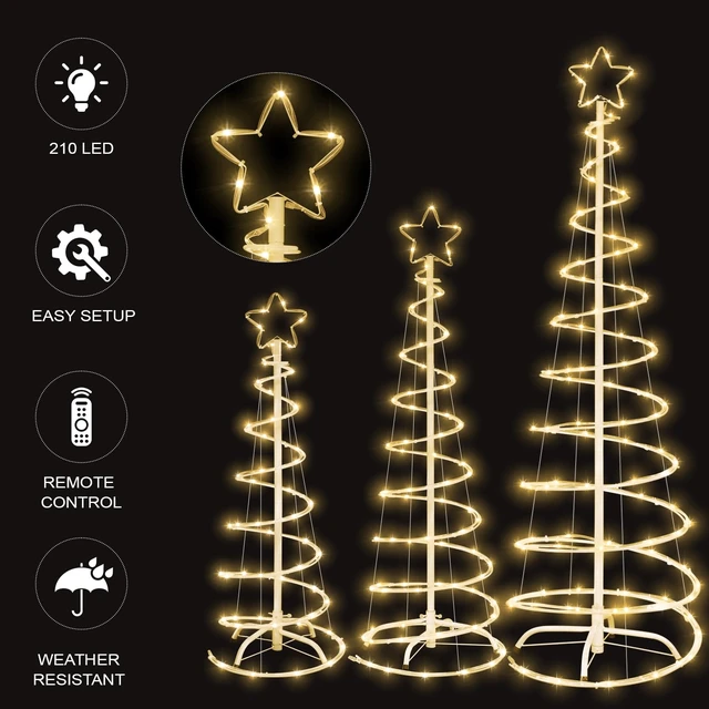 Alt view image 4 of 7 - 3 Packs Christmas Spiral Tree with Lights, 3/4/5 FT Lighted Xmas Collapsible Tree with Metal Stakes for Indoor & Outdoor, Yard, Porch, Garden H