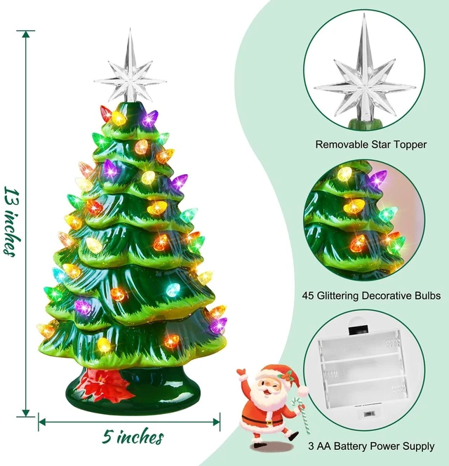 Alt view image 6 of 7 - 13 Inch Ceramic Christmas Tree, Pre-lit Tabletop Christmas Tree with Multicolored LED Lights, Battery Operated Vintage Lighted Ceramic Tree for Home Office Table Holiday Decorations, Green