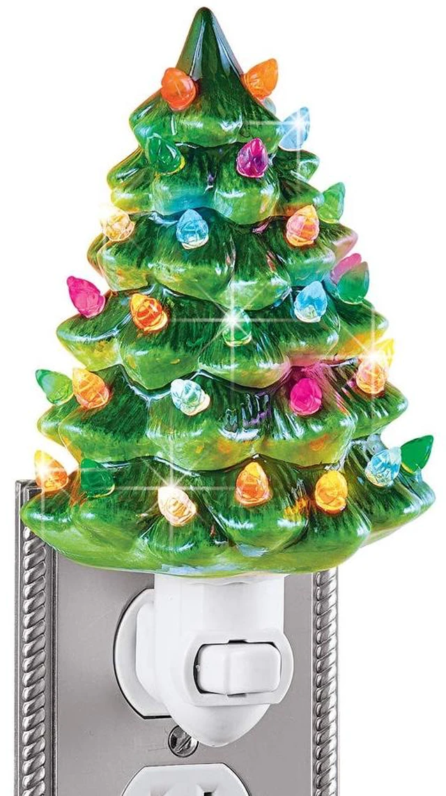Main image of Etc Ceramic Christmas Tree Night Light - 6"H, Nostalgic, Decorative Bathroom Decoration, Green