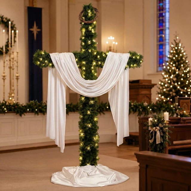Alt view image 3 of 6 - 6FT Cross Christmas Tree with LED Lights, Outdoor Christmas Christian Decor
with garland white draped cloth and crown of thorns for front porches yards patios church entrances nativity displays outdoo