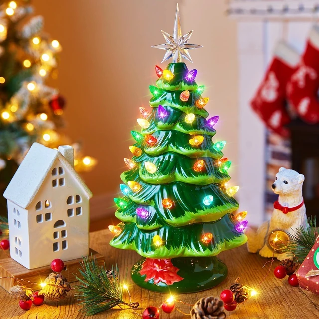 Alt view image 7 of 7 - 13 Inch Ceramic Christmas Tree, Pre-lit Tabletop Christmas Tree with Multicolored LED Lights, Battery Operated Vintage Lighted Ceramic Tree for Home Office Table Holiday Decorations, Green
