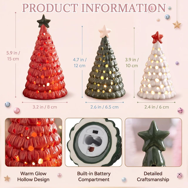 Alt view image 2 of 7 - 3 Pcs Mini Lighted Ceramic Christmas Tree Figurines, Red White Green
Illuminated Festive Display Decor with Star Toppers and Warm LED Glow for Tabletops, Mantels, Shelves and Centerpieces