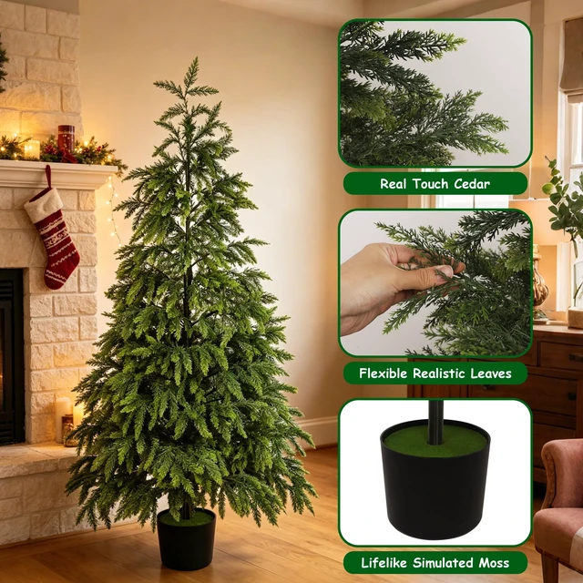 Alt view image 2 of 7 - 5FT Cedar Christmas Tree with Lights Artificial Potted Tree
Timer, 120 LEDs, Lighted Fake Trees, Front Porch Outdoor Indoor Decor, Christmas Decorations for Home Garden