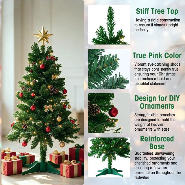 Alt view image 2 of 7 - 4FT Christmas Tree with Lights - Hinged Small Artificial Xmas Tree - Includes 50 LED String Light, 160 Tips Dense Branches & Detachable Stand - Mini Christmas Decoration Tree for Holiday,Green