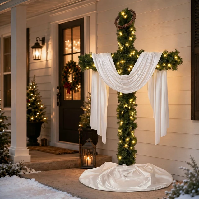 Alt view image 5 of 6 - 6FT Cross Christmas Tree with LED Lights, Outdoor Christmas Christian Decor
with garland white draped cloth and crown of thorns for front porches yards patios church entrances nativity displays outdoo