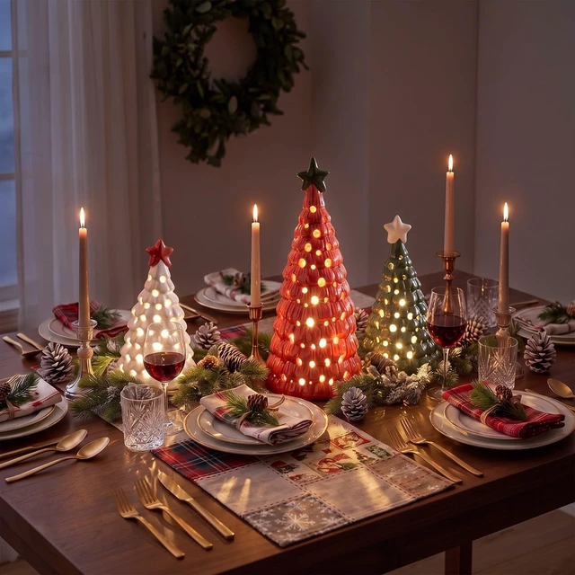 Alt view image 3 of 7 - 3 Pcs Mini Lighted Ceramic Christmas Tree Figurines, Red White Green
Illuminated Festive Display Decor with Star Toppers and Warm LED Glow for Tabletops, Mantels, Shelves and Centerpieces