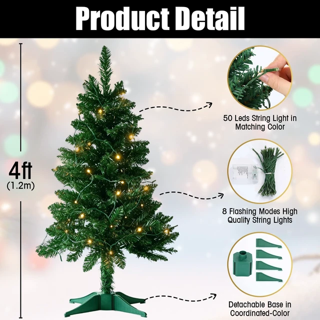 Alt view image 3 of 7 - 4FT Christmas Tree with Lights - Hinged Small Artificial Xmas Tree - Includes 50 LED String Light, 160 Tips Dense Branches & Detachable Stand - Mini Christmas Decoration Tree for Holiday,Green