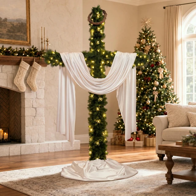 Alt view image 6 of 6 - 6FT Cross Christmas Tree with LED Lights, Outdoor Christmas Christian Decor
with garland white draped cloth and crown of thorns for front porches yards patios church entrances nativity displays outdoo