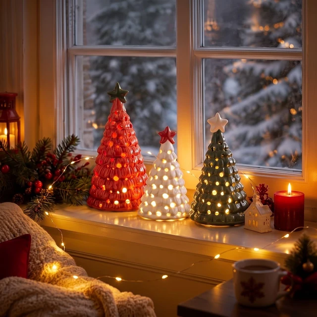 Alt view image 5 of 7 - 3 Pcs Mini Lighted Ceramic Christmas Tree Figurines, Red White Green
Illuminated Festive Display Decor with Star Toppers and Warm LED Glow for Tabletops, Mantels, Shelves and Centerpieces