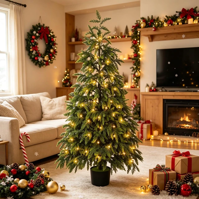Alt view image 4 of 7 - 5FT Cedar Christmas Tree with Lights Artificial Potted Tree
Timer, 120 LEDs, Lighted Fake Trees, Front Porch Outdoor Indoor Decor, Christmas Decorations for Home Garden
