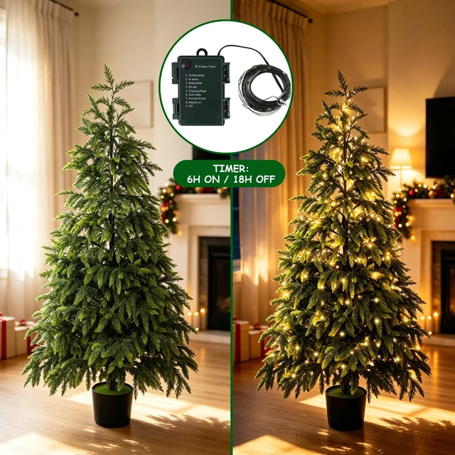 Alt view image 5 of 7 - 5FT Cedar Christmas Tree with Lights Artificial Potted Tree
Timer, 120 LEDs, Lighted Fake Trees, Front Porch Outdoor Indoor Decor, Christmas Decorations for Home Garden