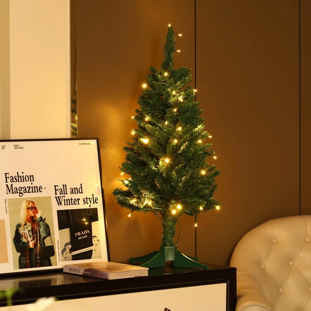 Alt view image 7 of 7 - 4FT Christmas Tree with Lights - Hinged Small Artificial Xmas Tree - Includes 50 LED String Light, 160 Tips Dense Branches & Detachable Stand - Mini Christmas Decoration Tree for Holiday,Green