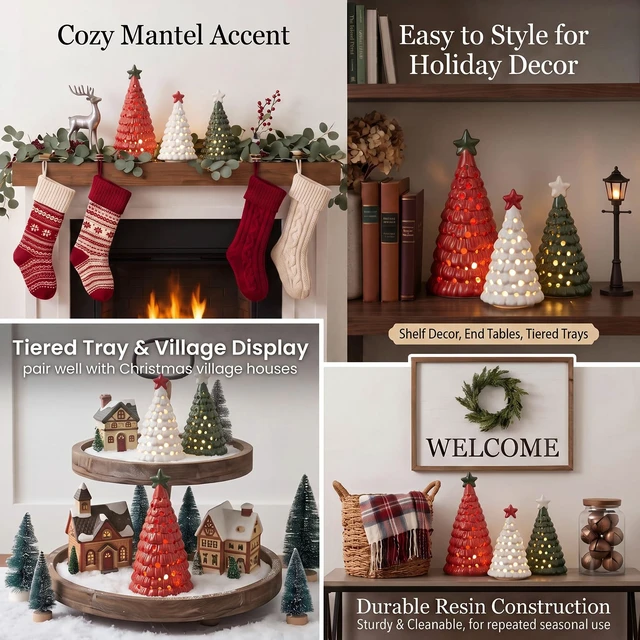 Alt view image 7 of 7 - 3 Pcs Mini Lighted Ceramic Christmas Tree Figurines, Red White Green
Illuminated Festive Display Decor with Star Toppers and Warm LED Glow for Tabletops, Mantels, Shelves and Centerpieces