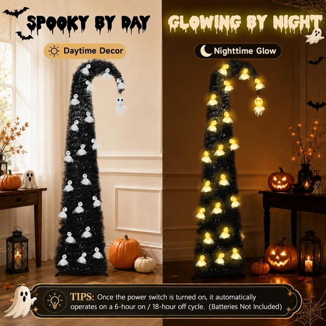 Alt view image 2 of 7 - 6FT Black Halloween Pop Up Christmas Tree with Ghost String Lights
Whimsical Curved Tinsel Pencil Tree with 40 Warm White Ghost Lights 6H Timer Foldable Design for Apartments Porch XMAS Decor