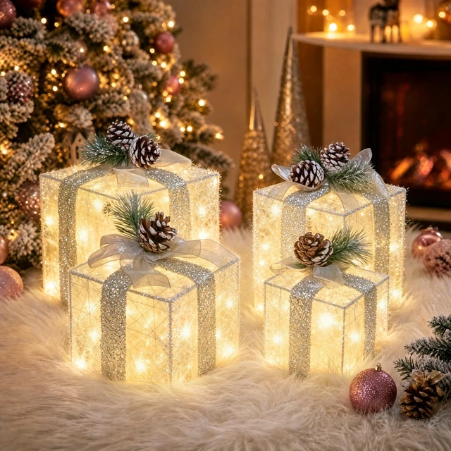 Main image of Set of 4 Christmas Lighted Gift Boxes, Battery Operated Xmas Decor
Cordless flexible placement, fuller 4-piece set, 75 bright LEDs, 6H auto timer, silver bow pinecone toppers, festive display