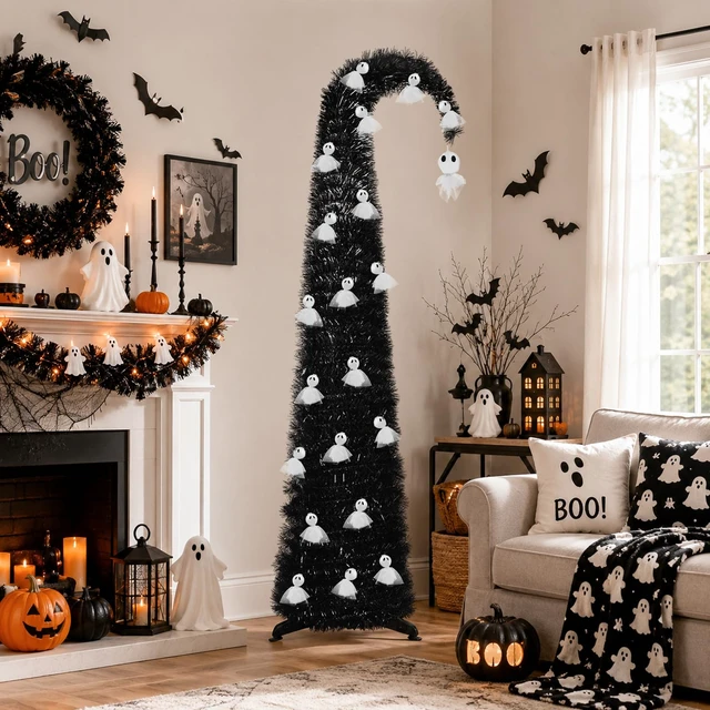 Alt view image 3 of 7 - 6FT Black Halloween Pop Up Christmas Tree with Ghost String Lights
Whimsical Curved Tinsel Pencil Tree with 40 Warm White Ghost Lights 6H Timer Foldable Design for Apartments Porch XMAS Decor