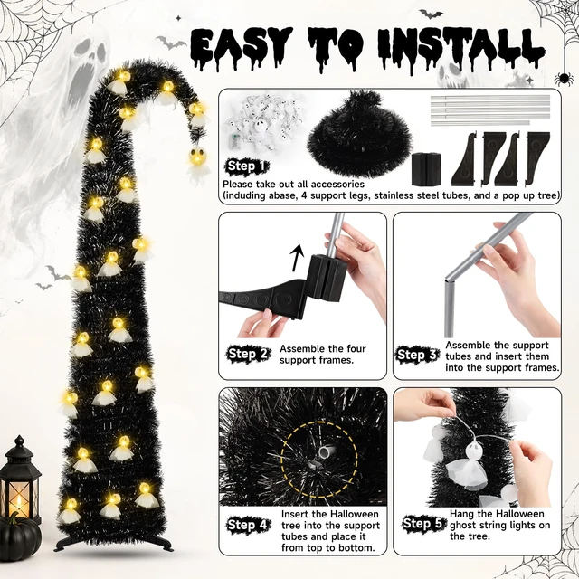 Alt view image 4 of 7 - 6FT Black Halloween Pop Up Christmas Tree with Ghost String Lights
Whimsical Curved Tinsel Pencil Tree with 40 Warm White Ghost Lights 6H Timer Foldable Design for Apartments Porch XMAS Decor