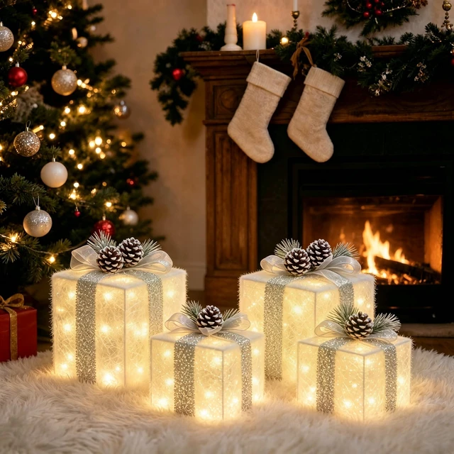 Alt view image 2 of 4 - Set of 4 Christmas Lighted Gift Boxes, Battery Operated Xmas Decor
Cordless flexible placement, fuller 4-piece set, 75 bright LEDs, 6H auto timer, silver bow pinecone toppers, festive display