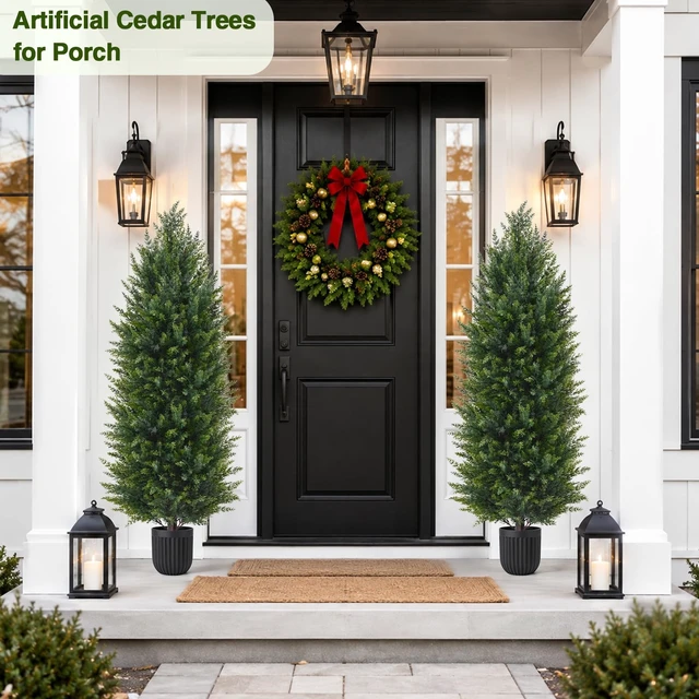 Alt view image 4 of 7 - 4FT Artificial Topiary Cedar Trees, Realistic 2 Set Outdoor Christmas Trees
UV Resistant Potted Artificial Cedar Trees for Porch, Fake Plants Outdoor Christmas Pine Tree in Planter for Front Door Yard