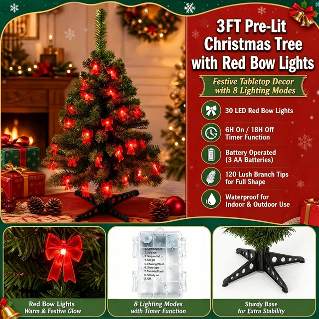 Alt view image 2 of 7 - 3FT Mini Tabletop Christmas Tree with Lights for Christmas Decorations
Timer Battery Operated Christmas Tree with 30LED Red Bow Lights, Small Christmas Tree for Table Office Home Classroom