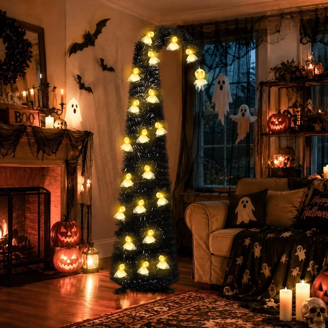 Alt view image 5 of 7 - 6FT Black Halloween Pop Up Christmas Tree with Ghost String Lights
Whimsical Curved Tinsel Pencil Tree with 40 Warm White Ghost Lights 6H Timer Foldable Design for Apartments Porch XMAS Decor