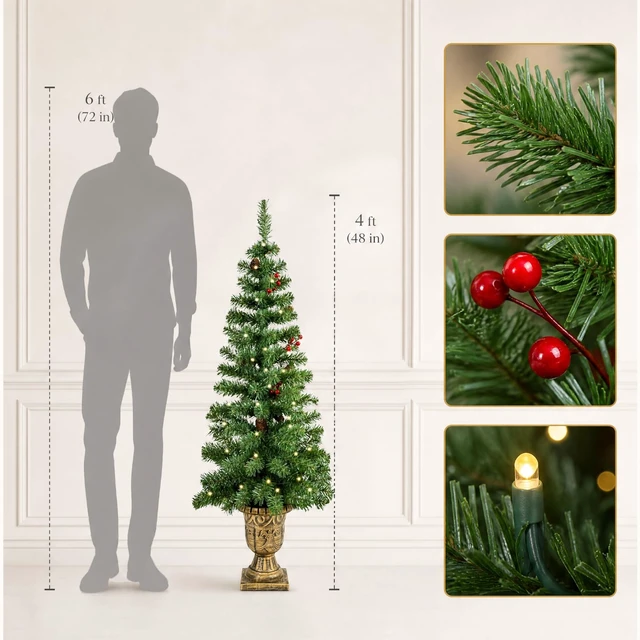 Alt view image 2 of 7 - 4FT Pre-Lit Artificial Potted Christmas Tree with 50 Lights
Green tree Battery operated small fake tree with 140 tips, Xmas pine cones tree Adorned with red berry decor