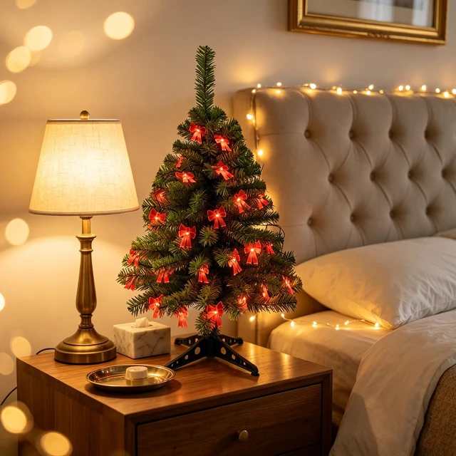 Alt view image 3 of 7 - 3FT Mini Tabletop Christmas Tree with Lights for Christmas Decorations
Timer Battery Operated Christmas Tree with 30LED Red Bow Lights, Small Christmas Tree for Table Office Home Classroom