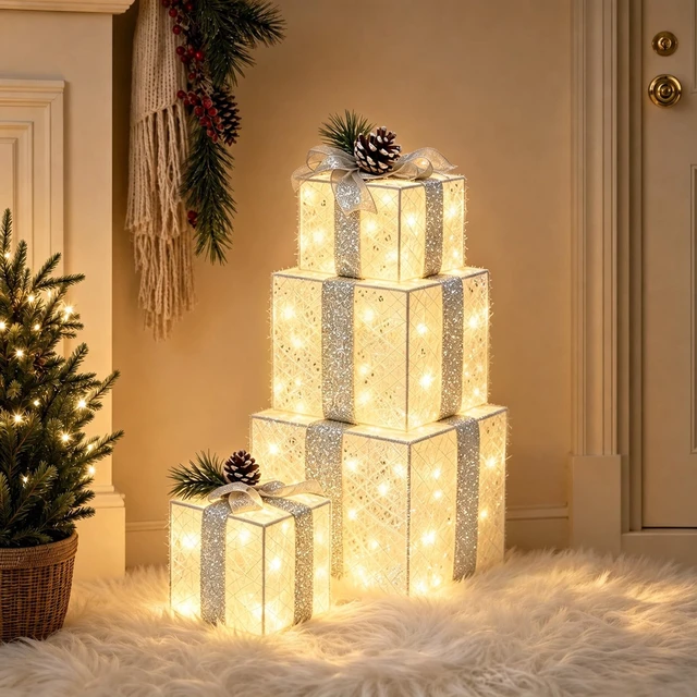 Alt view image 3 of 4 - Set of 4 Christmas Lighted Gift Boxes, Battery Operated Xmas Decor
Cordless flexible placement, fuller 4-piece set, 75 bright LEDs, 6H auto timer, silver bow pinecone toppers, festive display