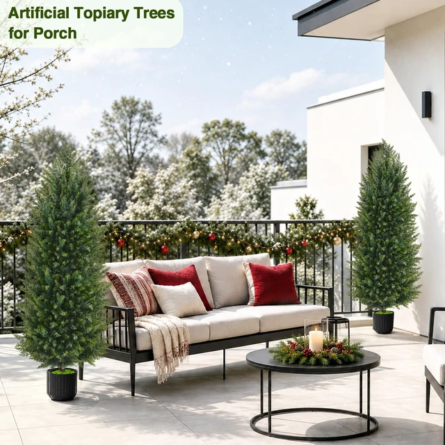 Alt view image 5 of 7 - 4FT Artificial Topiary Cedar Trees, Realistic 2 Set Outdoor Christmas Trees
UV Resistant Potted Artificial Cedar Trees for Porch, Fake Plants Outdoor Christmas Pine Tree in Planter for Front Door Yard