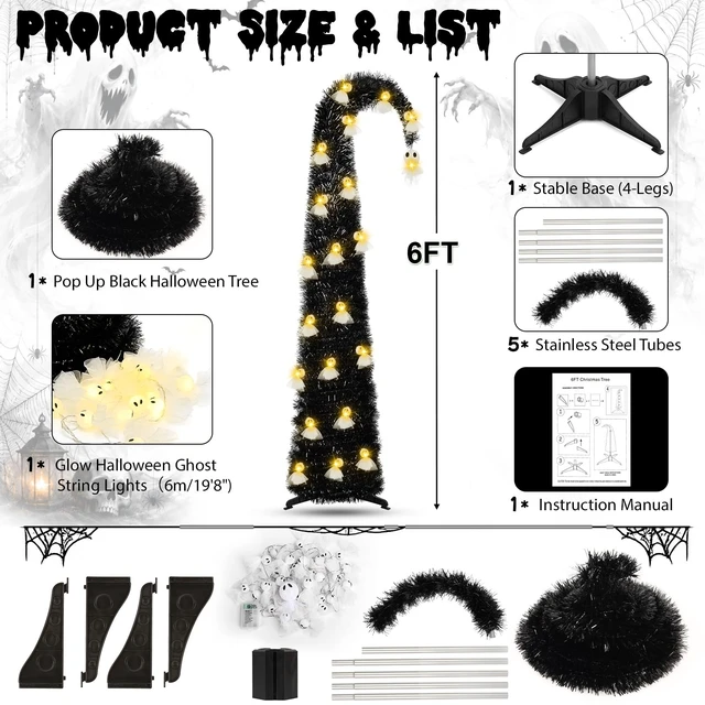 Alt view image 6 of 7 - 6FT Black Halloween Pop Up Christmas Tree with Ghost String Lights
Whimsical Curved Tinsel Pencil Tree with 40 Warm White Ghost Lights 6H Timer Foldable Design for Apartments Porch XMAS Decor