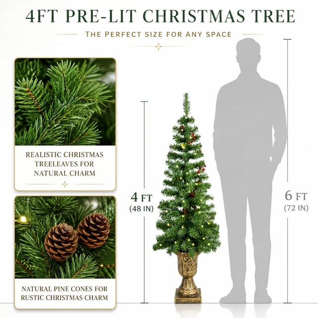 Alt view image 3 of 7 - 4FT Pre-Lit Artificial Potted Christmas Tree with 50 Lights
Green tree Battery operated small fake tree with 140 tips, Xmas pine cones tree Adorned with red berry decor