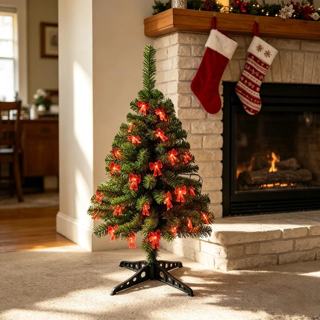 Alt view image 4 of 7 - 3FT Mini Tabletop Christmas Tree with Lights for Christmas Decorations
Timer Battery Operated Christmas Tree with 30LED Red Bow Lights, Small Christmas Tree for Table Office Home Classroom