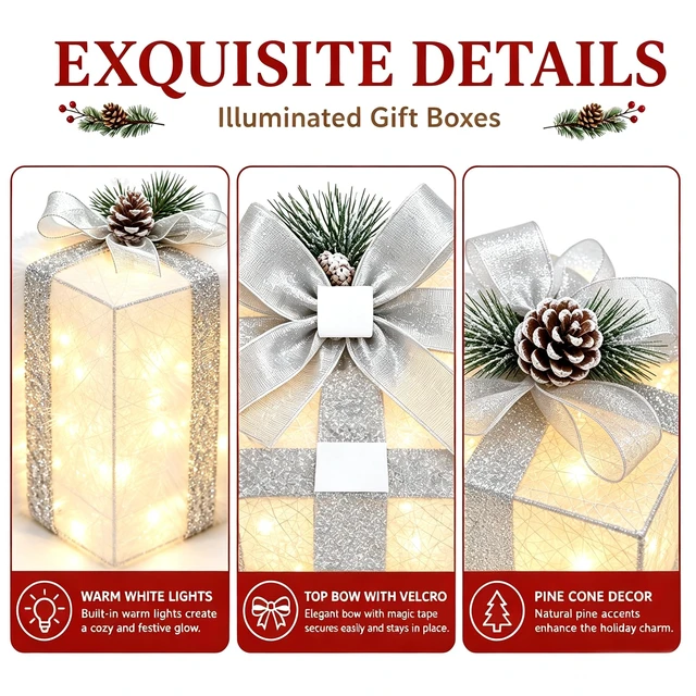 Alt view image 4 of 4 - Set of 4 Christmas Lighted Gift Boxes, Battery Operated Xmas Decor
Cordless flexible placement, fuller 4-piece set, 75 bright LEDs, 6H auto timer, silver bow pinecone toppers, festive display