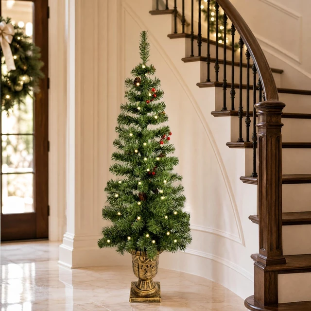 Alt view image 6 of 7 - 4FT Pre-Lit Artificial Potted Christmas Tree with 50 Lights
Green tree Battery operated small fake tree with 140 tips, Xmas pine cones tree Adorned with red berry decor