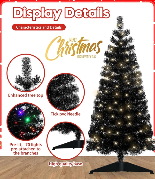 Alt view image 3 of 7 - Pre-Lit Artificial Christmas Tree, Warm White Lights, Colorful Lights, Includes Stand, 4 feet (Black)