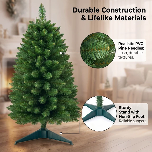 Alt view image 3 of 6 - 3ft Prelit Artificial Small Mini Christmas Tree with Warm White Multi-Color LED Lights, Timer Battery Operated, Perfect for Xmas Tabletop Decorations, Home, Kitchen, Dining Table top Green
