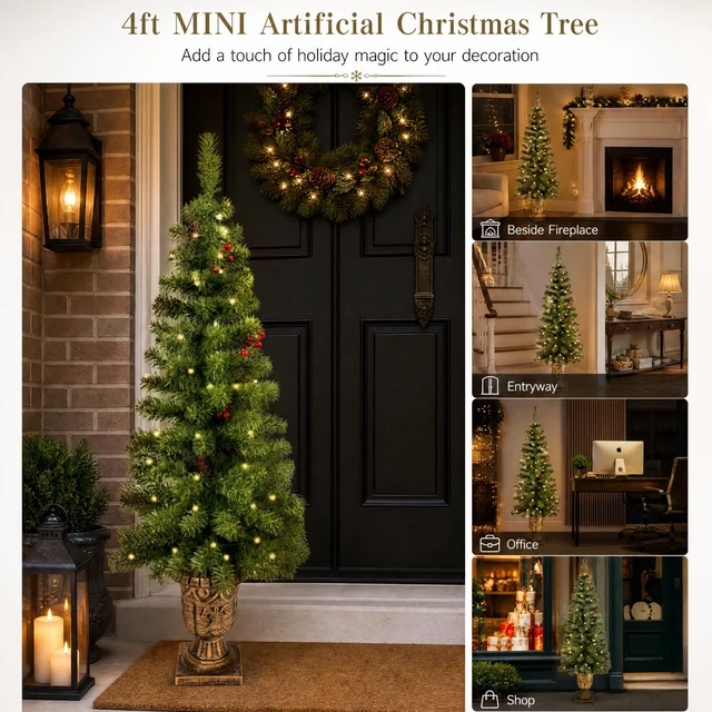 Alt view image 7 of 7 - 4FT Pre-Lit Artificial Potted Christmas Tree with 50 Lights
Green tree Battery operated small fake tree with 140 tips, Xmas pine cones tree Adorned with red berry decor