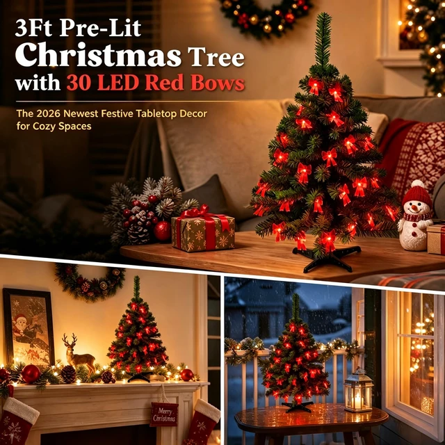 Alt view image 7 of 7 - 3FT Mini Tabletop Christmas Tree with Lights for Christmas Decorations
Timer Battery Operated Christmas Tree with 30LED Red Bow Lights, Small Christmas Tree for Table Office Home Classroom