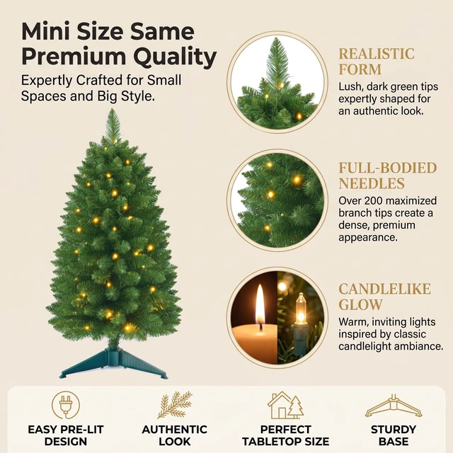 Alt view image 4 of 6 - 3ft Prelit Artificial Small Mini Christmas Tree with Warm White Multi-Color LED Lights, Timer Battery Operated, Perfect for Xmas Tabletop Decorations, Home, Kitchen, Dining Table top Green