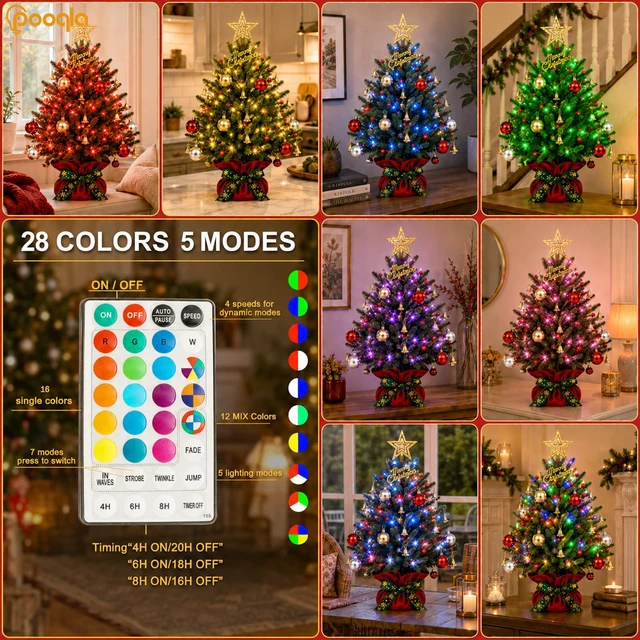 Alt view image 2 of 6 - RGB Lighted Mini Christmas Tree, Color Changing Tabletop LED Xmas Tree with Remote, 28 Colors 80 LED Pre-lit Artificial Small Tree with Hanging Ball Ornaments Home Party Christmas Decoration