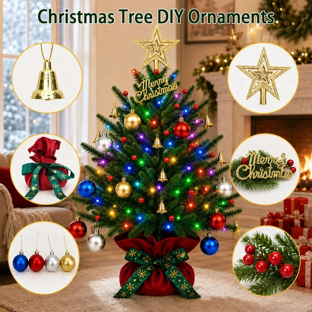 Alt view image 3 of 6 - RGB Lighted Mini Christmas Tree, Color Changing Tabletop LED Xmas Tree with Remote, 28 Colors 80 LED Pre-lit Artificial Small Tree with Hanging Ball Ornaments Home Party Christmas Decoration