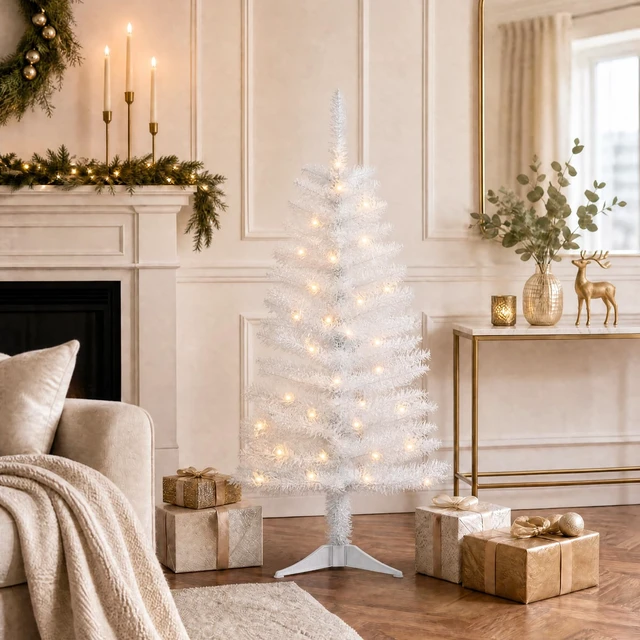 Alt view image 6 of 6 - 4ft Artificial White Christmas Tree with Lights
Small White Tinsel Xmas Tree for Indoor Holiday Decorations, Ideal for Home, Office, and Apartment Party Decor, Easy Assembly