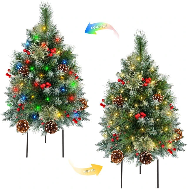 Main image of Tree Urn Filler with Timer, Pre-lit Warm White & Multi-Color Changing LED Lights, Artificial Xmas Tree for Porch, Pathway, Yard, Outdoor Holiday Decoration (2, Tree with Snow)