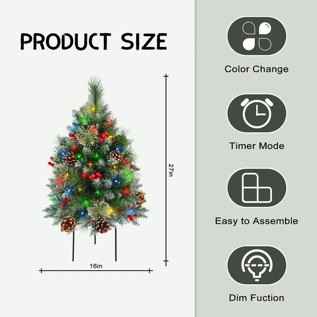 Alt view image 2 of 7 - Tree Urn Filler with Timer, Pre-lit Warm White & Multi-Color Changing LED Lights, Artificial Xmas Tree for Porch, Pathway, Yard, Outdoor Holiday Decoration (2, Tree with Snow)