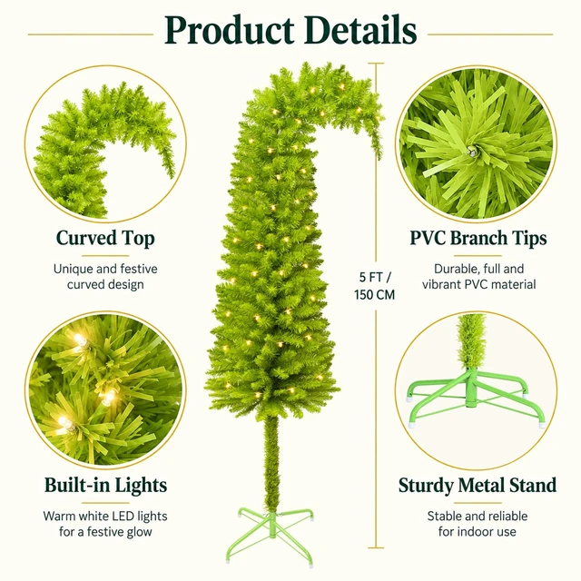 Alt view image 3 of 7 - 5Ft Christmas Tree, Bendable Lime Green Artificial Christmas Tree Decor
Xmas Tree Decorations with Metal Stand, DIY Christmas Tree Decorations for Outdoor/Indoor Holiday Home Party Living Room