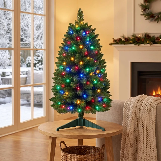 Alt view image 5 of 6 - 3ft Prelit Artificial Small Mini Christmas Tree with Warm White Multi-Color LED Lights, Timer Battery Operated, Perfect for Xmas Tabletop Decorations, Home, Kitchen, Dining Table top Green