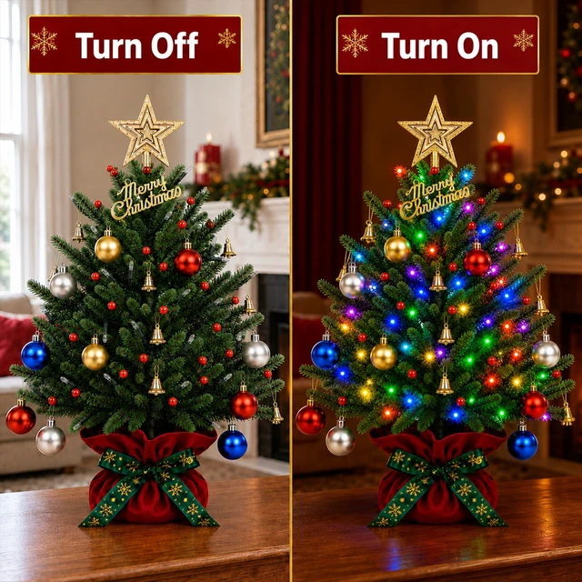 Alt view image 5 of 6 - RGB Lighted Mini Christmas Tree, Color Changing Tabletop LED Xmas Tree with Remote, 28 Colors 80 LED Pre-lit Artificial Small Tree with Hanging Ball Ornaments Home Party Christmas Decoration