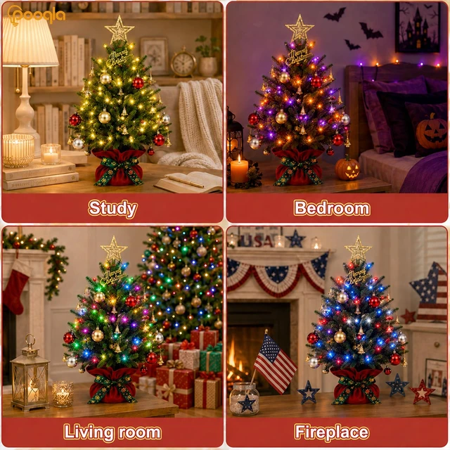 Alt view image 6 of 6 - RGB Lighted Mini Christmas Tree, Color Changing Tabletop LED Xmas Tree with Remote, 28 Colors 80 LED Pre-lit Artificial Small Tree with Hanging Ball Ornaments Home Party Christmas Decoration