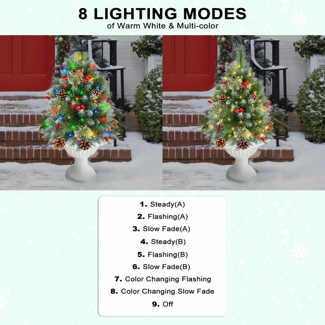 Alt view image 4 of 7 - Tree Urn Filler with Timer, Pre-lit Warm White & Multi-Color Changing LED Lights, Artificial Xmas Tree for Porch, Pathway, Yard, Outdoor Holiday Decoration (2, Tree with Snow)