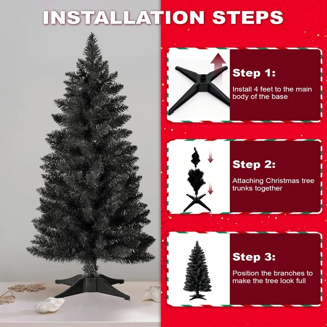 Alt view image 4 of 7 - 3ft Artificial Christmas Tree, Mini Xmas Pine Tree with 4-Leg Stable Plastic Base, Small Tabletop Christmas Tree for Home Office Holiday Party Indoor Decoration